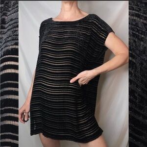 Eileen Fisher Plush Velvet Burnout Stripe Tunic Top Silk Blend Black Popover M